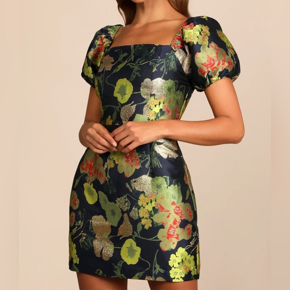 Navy Blue Floral Jacquard Puff Sleeve Mini Dress - Picture 5 of 6